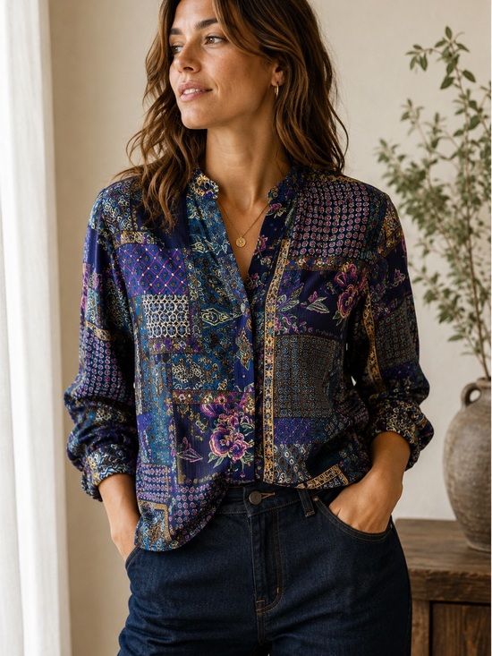 No brand Tops - Patchwork Tapestry Boho Blouse | Hidden Button Front · 90s Art-to-Wear